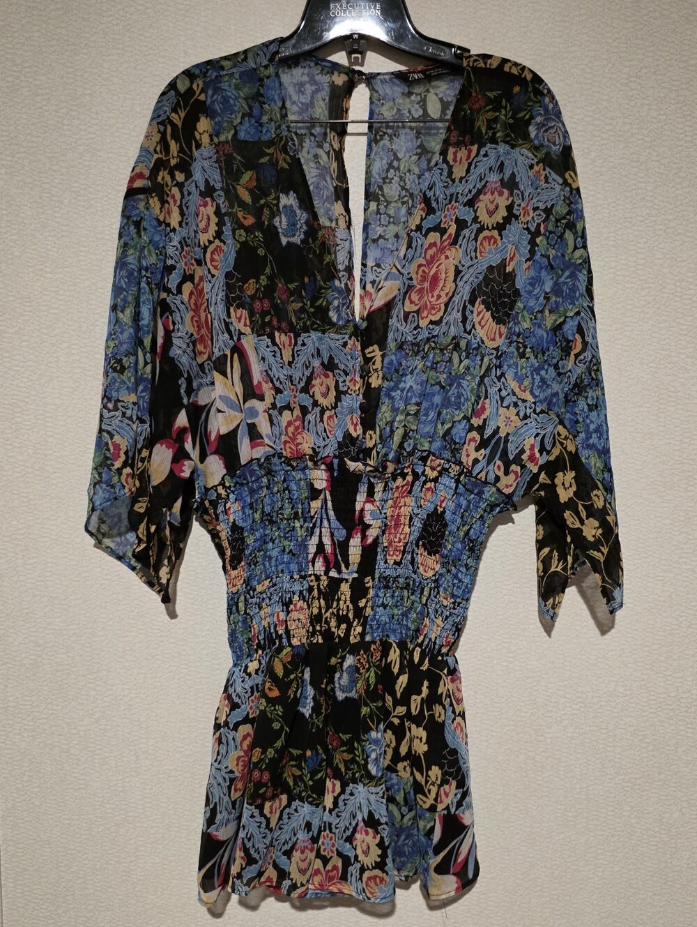 Zara Floral Smocked Waist V Neck Womens Romper Black & Blue Floral Medium
